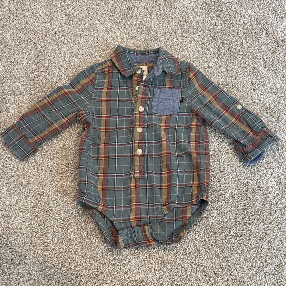 Plaid Long-Sleeve Baby One-Piece Bodysuit in Green